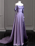 Amozae-nye outfits back to school dress  Purple Satin Off-Shoulder Draped Maxi Dress