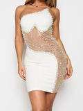 Amozae-nye outfits back to school dress  Rhinestone Mesh Cutout One Shoulder Mini Dress