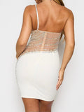 Amozae-nye outfits back to school dress  Rhinestone Mesh Cutout One Shoulder Mini Dress