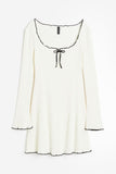 Amozae-nye outfits back to school dress  Ribbed Bow Knot Lettuce Trim Dress