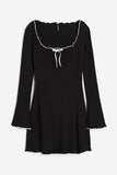 Amozae-nye outfits back to school dress  Ribbed Bow Knot Lettuce Trim Dress