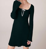 Amozae-nye outfits back to school dress  Ribbed Bow Knot Lettuce Trim Dress