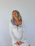 Amozae-nye outfits back to school dress  Ribbed Bow Knot Lettuce Trim Dress