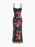 Amozae-nye outfits back to school dress  Rose Flower Print Mesh Midi Dress