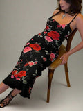 Amozae-nye outfits back to school dress  Rose Flower Print Mesh Midi Dress