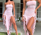 Amozae-nye outfits back to school dress  Ruffle High Slit Tube Dress