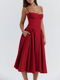 Amozae-nye outfits back to school dress  Samaria Red Corset Midi Sundress