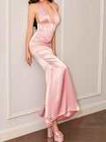 Amozae-nye outfits back to school dress  Satin Halter Corset Maxi Dress
