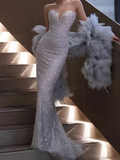 Amozae-nye outfits back to school dress  Silver Sequin Tube Mermaid Dress