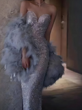 Amozae-nye outfits back to school dress  Silver Sequin Tube Mermaid Dress