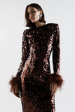 Amozae-Sparkly Feather Trim Long Sleeve Velvet Sequin Midi Dress - Chocolate