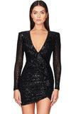 Amozae-hoco dresses -Sparkly Galaxy Long Sleeve Ruffle Deep V Sequin Mini Dress - Black