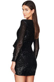 Amozae-hoco dresses -Sparkly Galaxy Long Sleeve Ruffle Deep V Sequin Mini Dress - Black