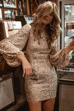 Amozae-hoco dresses -Sparkly Long Sleeve Round Neck Sequin Mini Dress - Gold