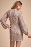 Amozae-hoco dresses -Sparkly Long Sleeve Round Neck Sequin Mini Dress - Gold