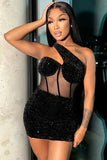 Amozae-hoco dresses -Sparkly One Shoulder Mesh Velvet Sequin Bodycon Party Mini Dress - Black