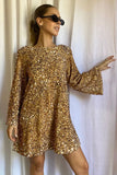 Amozae-hoco dresses -Sparkly Sequin Bow Tie Long Sleeve Oversized Velvet Party Mini Dress - Gold