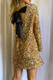 Amozae-hoco dresses -Sparkly Sequin Bow Tie Long Sleeve Oversized Velvet Party Mini Dress - Gold