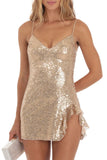 Amozae-hoco dresses -Sparkly Sequin V Neck Ruffled Split Sleeveless Bodycon Party Mini Dress - Gold