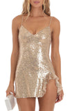 Amozae-hoco dresses -Sparkly Sequin V Neck Ruffled Split Sleeveless Bodycon Party Mini Dress - Gold