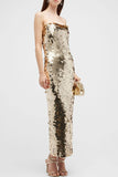 Amozae-Sparkly Square Neck Spaghetti Strap Bodycon Sequin Cocktail Midi Dress - Gold