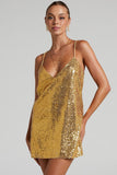 Amozae-hoco dresses -Sparkly V Neck Spaghetti Strap A Line Sequin Party Mini Dress - Gold