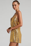 Amozae-hoco dresses -Sparkly V Neck Spaghetti Strap A Line Sequin Party Mini Dress - Gold