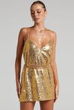 Amozae-hoco dresses -Sparkly V Neck Spaghetti Strap A Line Sequin Party Mini Dress - Gold