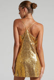 Amozae-hoco dresses -Sparkly V Neck Spaghetti Strap A Line Sequin Party Mini Dress - Gold