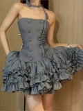 Amozae-nye outfits back to school dress  Strapless Double Breasted Ruffle Tiered Mini Dress