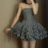 Amozae-nye outfits back to school dress  Strapless Double Breasted Ruffle Tiered Mini Dress