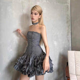 Amozae-nye outfits back to school dress  Strapless Double Breasted Ruffle Tiered Mini Dress