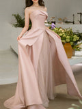 Amozae-nye outfits back to school dress  Strapless High Slit Glitter Tulle Maxi Dress
