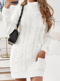 Amozae-nye outfits back to school dress  Turtle Neck Dual Pocket Cable Knit Sweater Dress