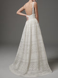 Amozae-nye outfits back to school dress  White Eyelet Lace V-Neck Wedding Dress