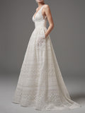 Amozae-nye outfits back to school dress  White Eyelet Lace V-Neck Wedding Dress