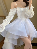 Amozae-nye outfits back to school dress  White Marie Sleeves Asymmetric Layered Lolita Dress