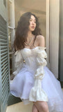 Amozae-nye outfits back to school dress  White Marie Sleeves Asymmetric Layered Lolita Dress