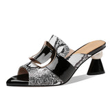 Amozae-Dominique Print Leather Open Toe Novelty Heel Mules