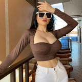 Amozae-   Women Low Cut Shirts Female Pullover Solid Deep V-neck Long Sleeve Crop Tops Short Elastic Shirts Blouses-0505