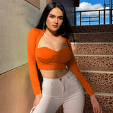 Amozae-   Women Low Cut Shirts Female Pullover Solid Deep V-neck Long Sleeve Crop Tops Short Elastic Shirts Blouses-0505