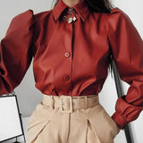 Amozae-- Turn-Down Collar Casual Streetwear Woman Fashion Button Brown Leather Blouse Shirt Puff Long Sleeve Tops And Blouse 1117
