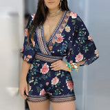 Amozae Hirigin Women's Jumpsuit Casual Summer Floral Printed Playsuit 2022 Women Rompers 3/4 Sleeve Backless Playsuit Women Clothes