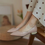 Women's Pumps Low Heels PU Leather Fashion Shoes Office Dress Pointed Toe Slip On Woman   Comfortable Female Pearls Ladies