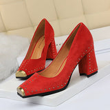 Women Studded 7.5cm High Heels Lady Scarpins Flock Chunky Rivets Block Low Heels   Square Toe Office Blue Yellow Shoes