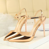 Amozae-Women 10.5cm High Heels Gold Sandals Lady Shiny Leather Stripper Strap Sandles Female Wedding Bridal Prom   Fetish Red Shoes