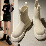 Women Knitted Boots Mesh Solid Slip On Platform Female Ankle Boots Thick Sole Comfortable Short Boot Ladies Casual Footwear 2021