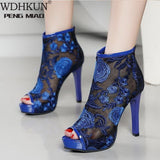 Fashion Mesh Sandals Boots Woman High Heels Lace Boots Women Summer Shoes Embroidery Flower Peep Toe Black Female