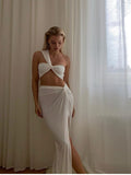 Amozae Summer White Crop Top Long Skirts Two Piece Set Women Beach Party Club   One Shoulder Twist Pleats 2 Piece Outfits