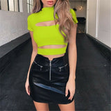 Gothic Chest Hollow Out   Women T-shirt Crop Top Green Black Solid Slim Tank Tops Tee Shirt Female Casual Camis